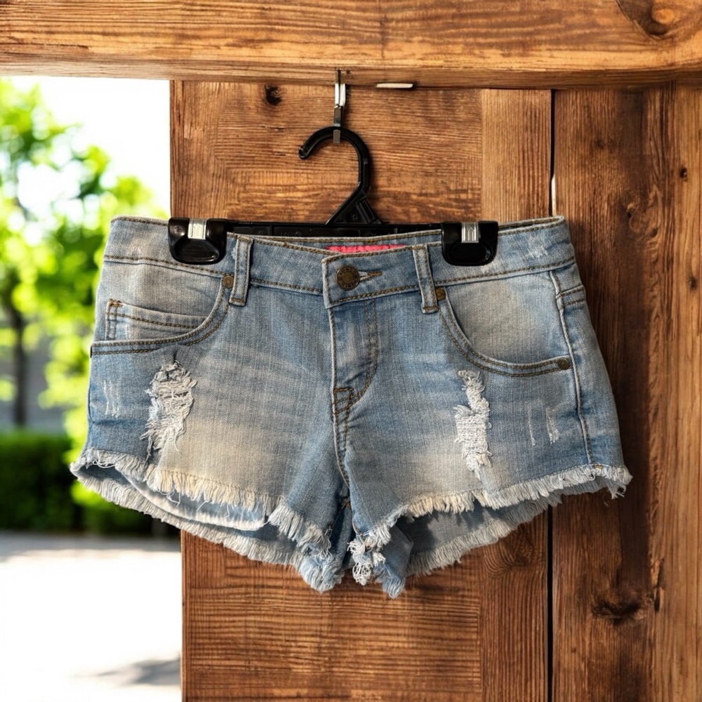 London Low Rise Distressed Denim Shorts